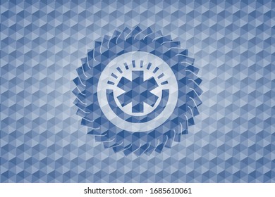 icono de cruz de emergencia dentro de la placa hexagonal azul.