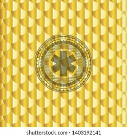emergency cross icon inside gold badge. Scales pattern. Vector Illustration. Detailed.
