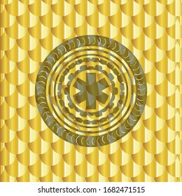 icono de la cruz de emergencia dentro del emblema dorado brillante. Patrón de escalas. Ilustración vectorial. Detallado.