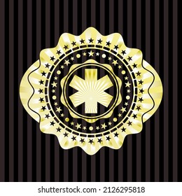 emergency cross icon inside gold badge. 