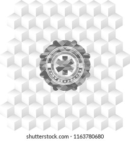 emergency cross icon inside grey emblem with cube white background