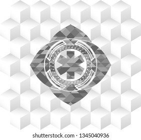 emergency cross icon inside grey emblem with cube white background