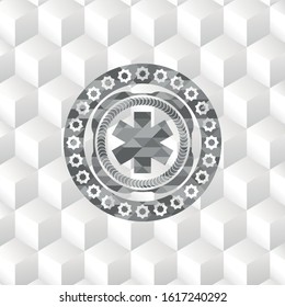 emergency cross icon inside grey emblem. Vintage with geometric cube white background