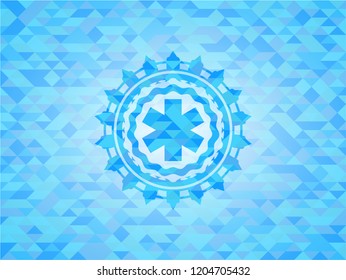 emergency cross icon inside light blue emblem with triangle mosaic background