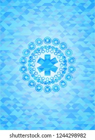 emergency cross icon inside light blue emblem with mosaic ecological style background