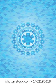 emergency cross icon inside light blue emblem with mosaic background