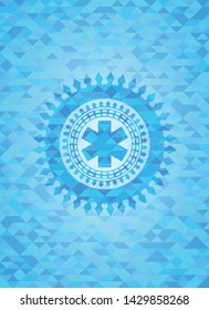 emergency cross icon inside light blue emblem with mosaic background