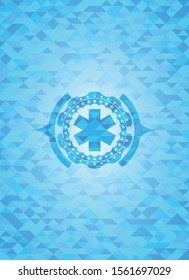 emergency cross icon inside light blue emblem with mosaic background