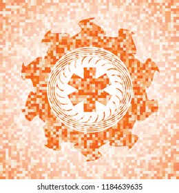 emergency cross icon inside orange tile background illustration. Square geometric mosaic seamless pattern with emblem inside.