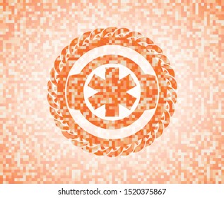 emergency cross icon inside orange tile background illustration. Square geometric mosaic seamless pattern with emblem inside.