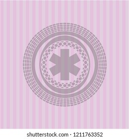 emergency cross icon inside pink emblem. Retro