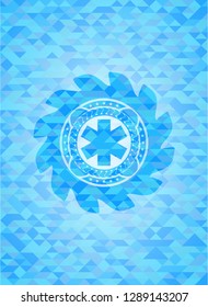 emergency cross icon inside realistic sky blue emblem. Mosaic background