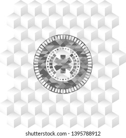 emergency cross icon inside realistic grey emblem with cube white background