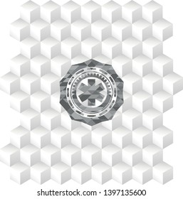emergency cross icon inside realistic grey emblem with geometric cube white background