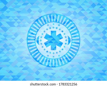 Notkreuz-Icon in realistischen Himmelblau-Emblem. Mosaikaner Hintergrund. 