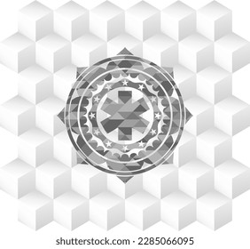 emergency cross icon inside realistic grey emblem with cube white background. 