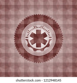 emergency cross icon inside red emblem with geometric pattern background. Seamless.