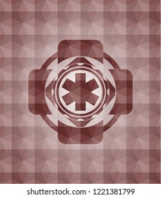 emergency cross icon inside red emblem or badge with abstract geometric polygonal pattern background. Seamless.