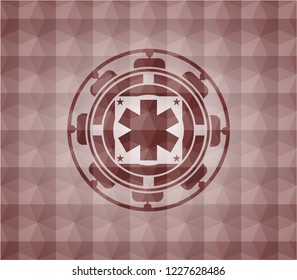 emergency cross icon inside red seamless geometric badge.