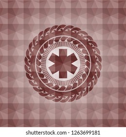 emergency cross icon inside red emblem with geometric background. Seamless.