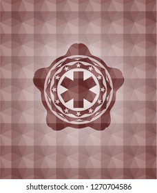 emergency cross icon inside red seamless emblem or badge with abstract geometric pattern background.