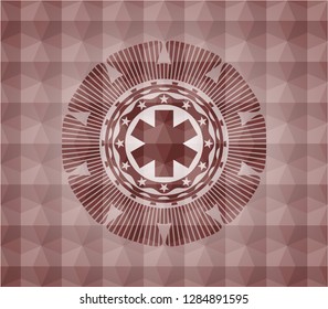 emergency cross icon inside red seamless badge with geometric background.