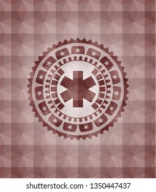 emergency cross icon inside red emblem with geometric pattern. Seamless.