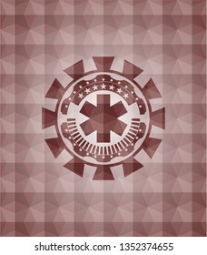 emergency cross icon inside red seamless geometric pattern emblem. Seamless.