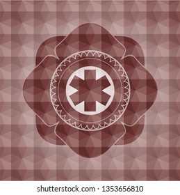 emergency cross icon inside red emblem with geometric pattern. Seamless.