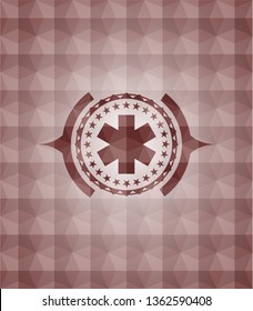 emergency cross icon inside red seamless badge with geometric pattern background.