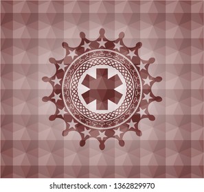 emergency cross icon inside red seamless geometric pattern emblem. Seamless.
