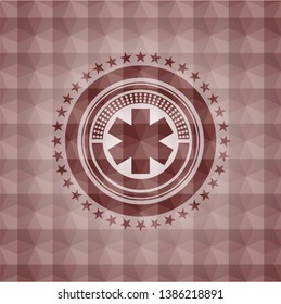 emergency cross icon inside red emblem with geometric pattern. Seamless.