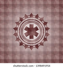 emergency cross icon inside red seamless emblem with geometric background.