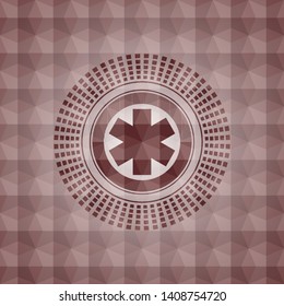 emergency cross icon inside red emblem or badge with abstract geometric polygonal pattern background. Seamless.