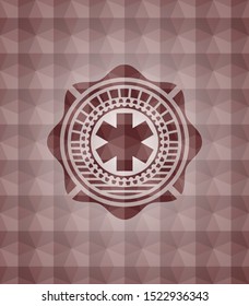 emergency cross icon inside red seamless emblem or badge with geometric pattern background.