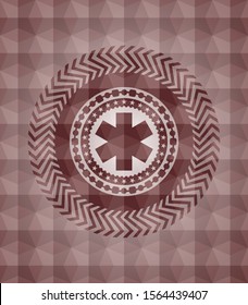 emergency cross icon inside red emblem with geometric background. Seamless.