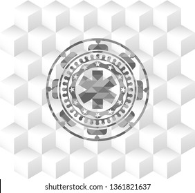emergency cross icon inside retro style grey emblem with geometric cube white background