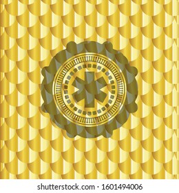 emergency cross icon inside shiny golden badge. Scales pattern. Vector Illustration. Detailed.
