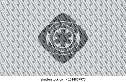 emergency cross icon inside silver color badge or emblem. Scales pattern. Vector Illustration. Detailed.