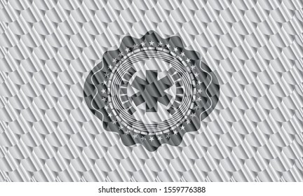 emergency cross icon inside silver color badge. Scales pattern. Vector Illustration. Detailed.