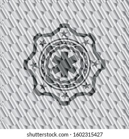 emergency cross icon inside silver color badge or emblem. Scales pattern. Vector Illustration. Detailed.