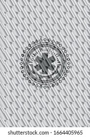 emergency cross icon inside silver color emblem or badge. Scales pattern. Vector Illustration. Detailed.