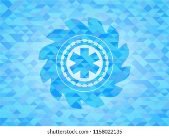 emergency cross icon inside sky blue emblem with mosaic background