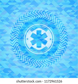 emergency cross icon inside sky blue emblem with triangle mosaic background