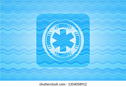 emergency cross icon inside sky blue water style badge.