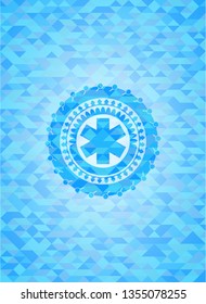 emergency cross icon inside sky blue emblem with mosaic ecological style background