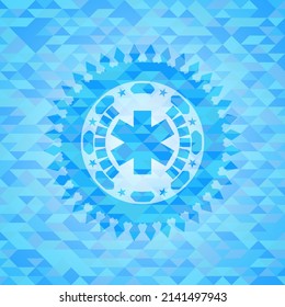 icono de cruz de emergencia dentro del emblema azul cielo con fondo de estilo ecológico mosaico. 