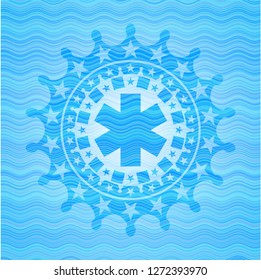 emergency cross icon inside water wave representation badge.