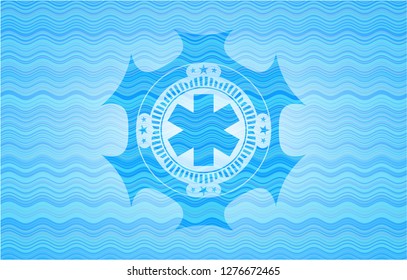 emergency cross icon inside water wave representation badge background.