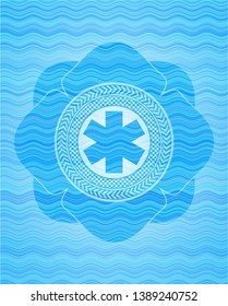 emergency cross icon inside water wave badge background.